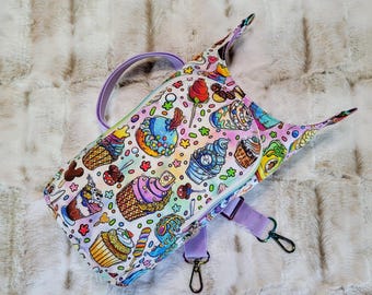 H2GO sling bag parks character Snacks themed fabric, H2O2GO water bottle carrier, crossbody purse with card slots & waterproof canvas liner