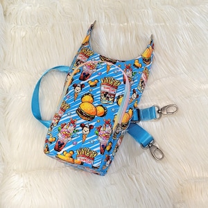 H2GO sling bag Snacks themed fabric, H2O2GO water bottle carrier, crossbody purse with card slots,  burger & fries, mouse themed