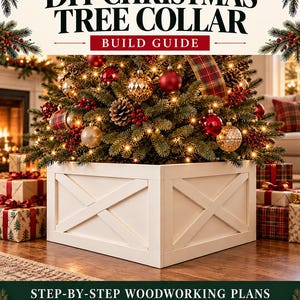 Puede incluir: Un collar para árbol de Navidad cuadrado de madera blanca con diseño de refuerzo en X. El texto dice: THE FITTED WORKSHOP DIY CHRISTMAS TREE COLLAR BUILD GUIDE. STEP-BY-STEP WOODWORKING PLANS. TAMAÑO FINAL: 61 cm x 61 cm x 30 cm.