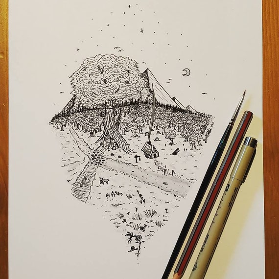 Cabin In The Woods Pen Drawing Inkwork Black And White Etsy