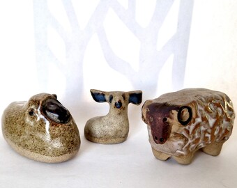 Tremar Sheep Family: Lamb, Ewe and Ram. Midcentury Studio Pottery Figurines. Made in Cornwall.