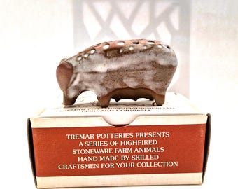 Tremar Studio Pottery Pig, Sow, in Original Box. Midcentury Cornish Stoneware Collectable, 1970s.
