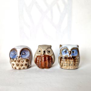 May include: Three small ceramic owl figurines arranged in a row. The left owl is white and brown with blue accents around the eyes. The centre owl is tan and reddish-brown. The right owl is white and brown with blue highlights around the eyes.