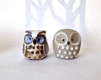 Pair of Emson Owls, Vintage Studio Pottery, Collectable Ceramic, Midcentury Miniatures. 1970s, Taiwan