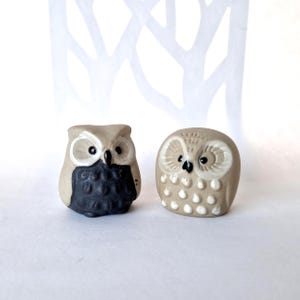May include: Two small ceramic owl figurines. The left owl is beige with a black textured body and white eye rings. The right owl is light beige with a rounded shape, featuring white embossed dots on its chest and detailed white facial markings.