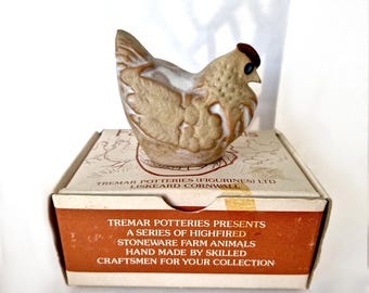 Tremar Hen. Original Box, Leaflet. Midcentury Studio Pottery, Stoneware Chicken, 1970s.  Made in Cornwall