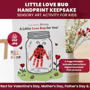 Love Bug handafdruk kunst aandenken | Zintuiglijke activiteiten voor kinderen voor Moederdag, Valentijnsdag, Vaderdag, afdrukbare sjabloon, kinderdagverblijf