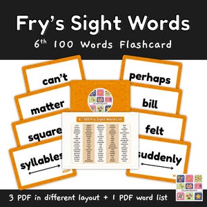 Può includere: Un set di flashcard Fry's Sight Words di 6a elementare con un elenco di 100 parole. Le flashcard sono arancioni con testo nero. Le parole includono "can't", "matter", "square", "syllables", "perhaps", "bill", "felt", e "suddenly".
