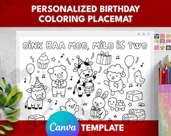 Farm Animal Birthday Coloring Placemat, Custom Barnyard Party Activity, Toddler Birthday Favor, Printable Kids Table Decor, Canva Template