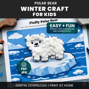 May include: A children's craft project showing a fluffy polar bear made from cotton balls, set on a blue and white illustrated background. The text reads "Polar Bear Winter Craft for Kids" and "Easy + Fun". Includes a crayon and decorative elements.