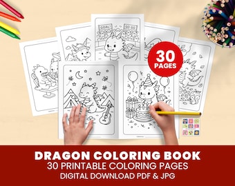 Libro para colorear de dragones para niños y bebés / Paquete de 30 páginas para colorear imprimibles para fiestas de dragones (descarga digital, PDF y JPG)