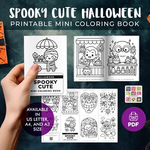 Könnte beinhalten: Ein schwarz-weißes Malbuch zum Thema Halloween mit dem Titel "Spooky Cute Halloween". Das Cover zeigt eine Mumienfigur. Das Bild zeigt auch eine Geschenkbox, Aufkleber und eine Kürbisdekoration. Erhältlich in den Größen US Letter, A4 und A3.