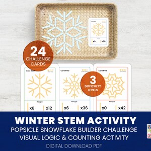 May include: A winter-themed STEM activity set with snowflake designs. Includes 24 challenge cards and 3 difficulty levels. The set features a popsicle snowflake builder challenge, visual logic, and counting activities. Digital download PDF.