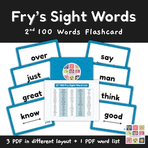 Flashcard di parole a vista di 2nd Hundred Fry / Frecce direzionali per la lettura / File PDF A4 stampabile