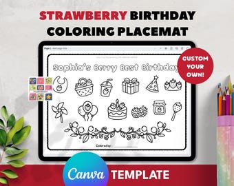 Strawberry Birthday Coloring Placemat for Kids ,Personalized Berry Themed Party Favor Printable, Editable Name Colouring Page Canva Template