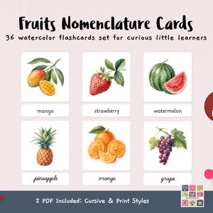 Fruits Nomenclature Flashcards Set | Montessori Botanical Watercolor Design for Homeschool & Classroom Printable