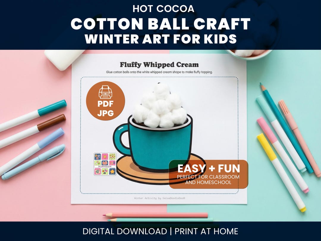 Hot Cocoa Cotton Ball Art Printable Template | Easy Winter Kids Craft ...