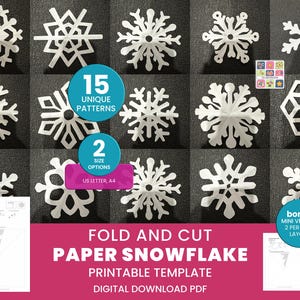 May include: A collection of white paper snowflakes in various designs, arranged on a dark gray background. The image includes text indicating 15 unique patterns, 2 size options, and a printable template for digital download. The text also mentions US Letter and A4 paper sizes.