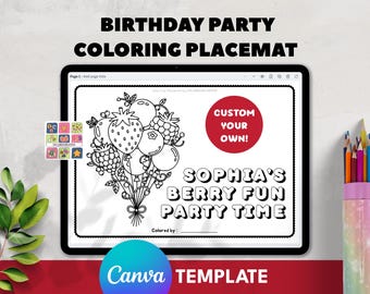 Birthday Coloring Placemat Canva Template, Editable Berry Fruit Balloon Kids Colouring Sheet, Personalized Party Favors