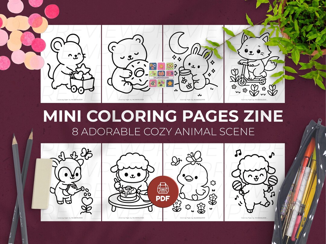 Printable Mini Coloring Book PDF, 8 Adorable Cozy Animal Scenes, Cute ...