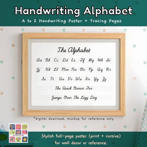 Poster di scrittura a mano dell&#39;alfabeto stampabile / Pagine di tracciamento delle lettere in corsivo e stampa / Decorazione per l&#39;aula / Pratica di homeschooling