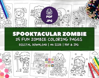 Zombie kleurplaten voor kinderen, Spooky Halloween kleurboek, leuke zombieillustraties, digitale download A4 PDF JPG, activiteitenbladen voor kinderen