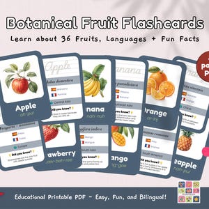 Flashcards de fruits imprimables | Aquarelle botanique | 36 fruits | Prononciation, infos amusantes | Traductions espagnol et français