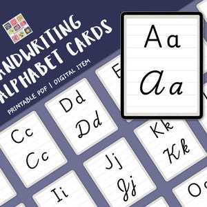 May include: Printable alphabet cards for handwriting practice. Each card features a letter in uppercase and lowercase, with lined paper for writing. The cards are white with black text.
