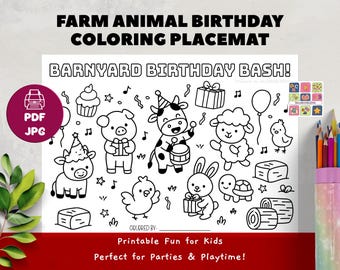 Bauernhof Tiere Ausmalen Tischset | Barnyard Geburtstagsparty Aktivität PDF & JPG Download | Kinder Ausmalbilder mit Schwein Kuh Huhn Häschen Schaf