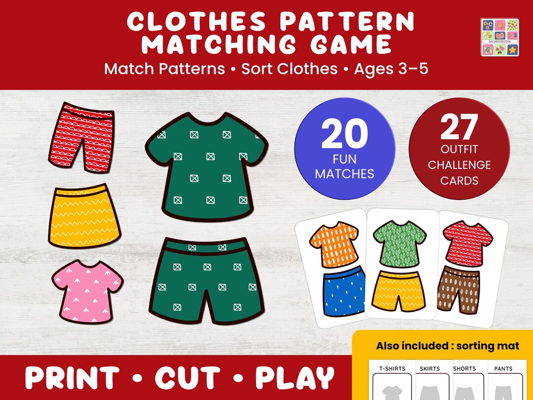 Toddler Matching Game Printable, Clothes Pattern Sorting Activity for ...