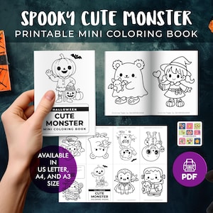 Könnte beinhalten: Ein druckbares Mini-Malbuch mit dem Titel "Spooky Cute Monster" mit Illustrationen zum Thema Halloween. Das Cover zeigt eine Kürbisfigur. Das Buch ist in den Formaten US Letter, A4 und A3 erhältlich. Ein PDF-Symbol ist sichtbar.