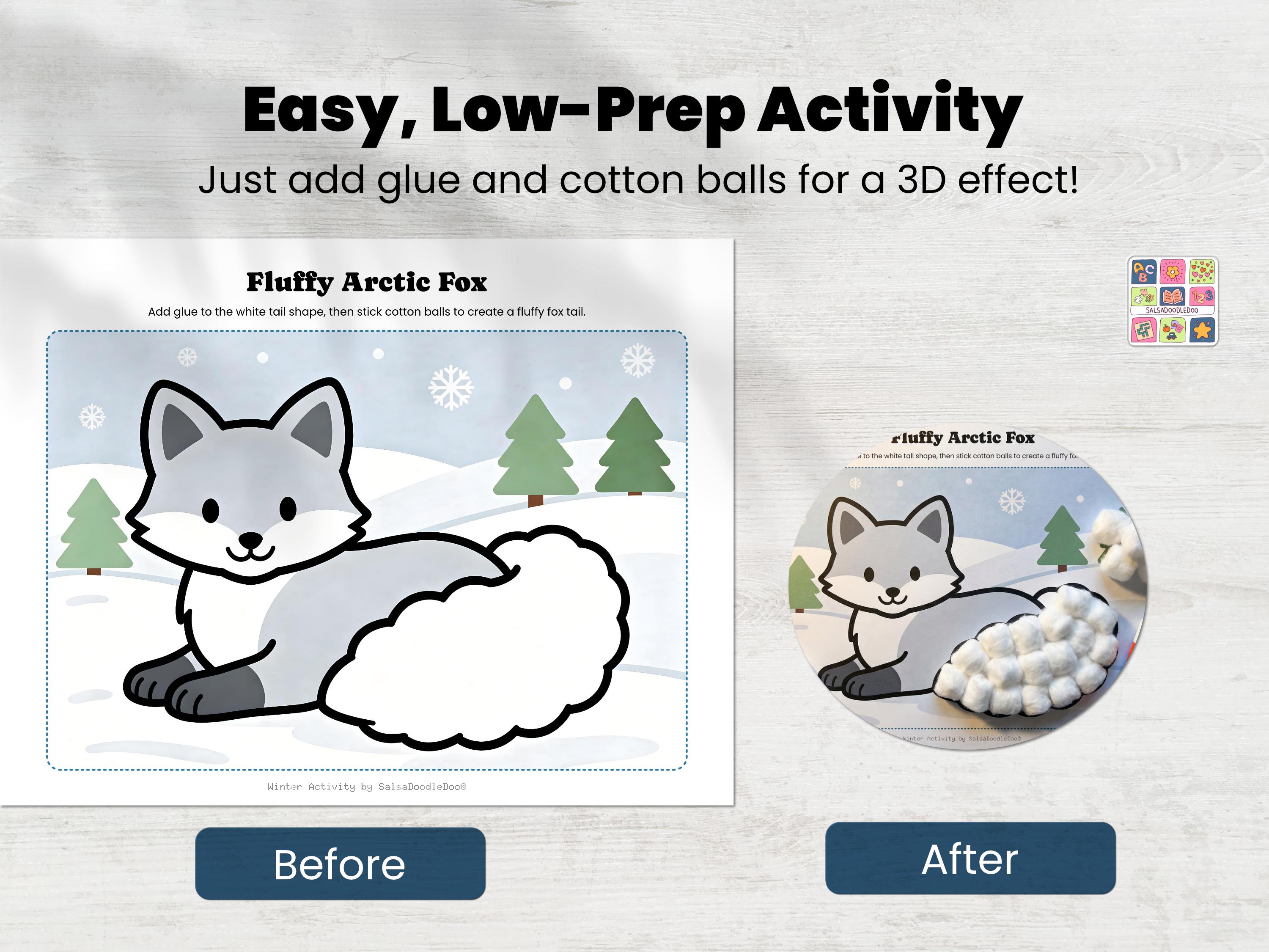 Easy Winter Arctic Fox Craft for Kids | Cotton Ball Template for ...