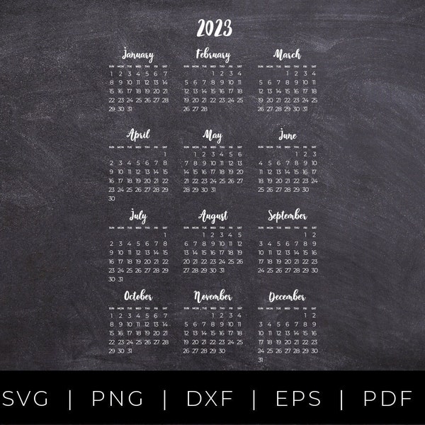 2023 calendar SVG, Year at a glance calendar cut files, Yearly wall calendar printable PDF, Planner insert