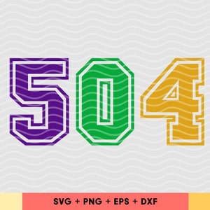 May include: A graphic design featuring the numbers 504 in a varsity style font. The number 5 is purple, the number 0 is green, and the number 4 is yellow. Each number has a white outline.