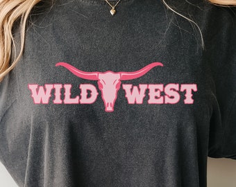 Wilde westen-svg, retro cowboy png, zuidelijke cowgirl-svg, vintage trendy shirt, landelijke stijl, westerse stierhoorns, boho roze cowboy-svg