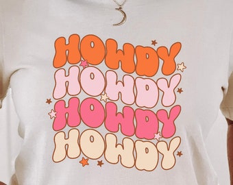 Retro Howdy Svg, golvende retro tekst, sterren png, retro cowgirl, Southern Cowboy Svg, vintage trendy shirt, boho sublimatie, landelijke stijl