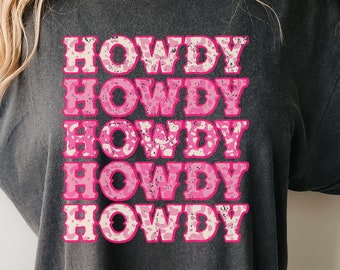 Howdy png, cowboy png, western T-shirt, retro sublimatieontwerp, cowgirlshirt, zuidelijk T-shirtontwerp, roze cowboy png, luipaardprint