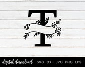 T Monogram Split Alphabet Letter, Split Monogram Cut File, Split Monogram Letters with Hand drawn Botanicals SVG, Home Decor Family Sign
