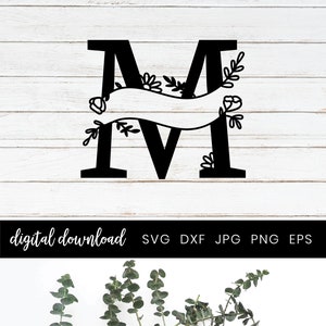 M Monogram Split Alphabet Letter, Split Monogram Cut File, Split Monogram Letters met Handgetekende Botanicals SVG, Home Decor Familieteken