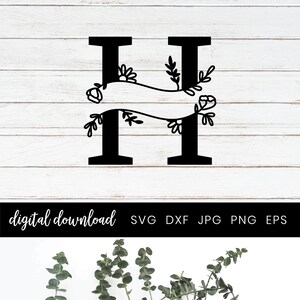 May include: Black floral monogram letter H design. The letter is decorated with floral elements. The image also includes the text "digital download" and file type abbreviations. A wooden sign with the name "Holly" is also shown.