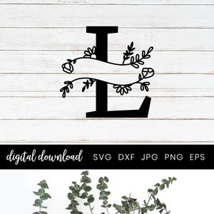 L Monogram Split Alphabet Letter, Split Monogram Cut File, Split Monogram Letters with Hand drawn Botanicals SVG, Home Decor Family Sign