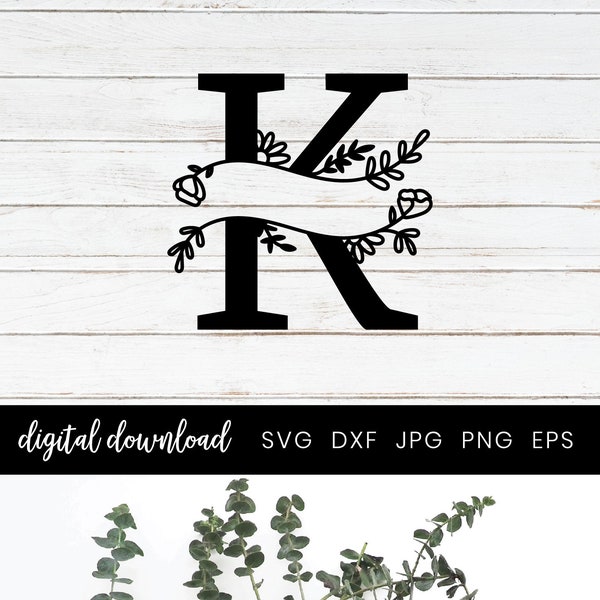 K Monogram Split Alphabet Letter, Split Monogram Cut File, Split Monogram Letters with Hand drawn Botanicals SVG, Home Decor Family Sign