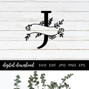 J Monogram Split Alfabet Letter, Split Monogram Cut File, Split Monogram Letters met Handgetekende Botanicals SVG, Home Decor Familieteken