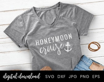 May include: A digital download of a black and white graphic design for a t-shirt that says "HONEYMOON cruise" with an anchor symbol.