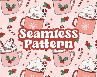 Hot Cocoa Candy Cane Seamless Pattern, Retro Pink Red Christmas Png Pattern