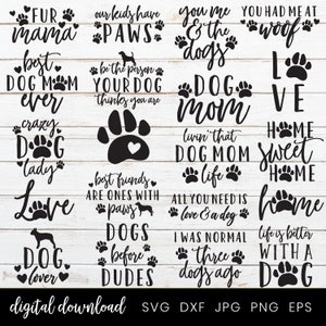 以下が含まれることがあります： 白黒の犬をテーマにした16個のSVGカットファイルのセット。デザインには、「ファーママ」、「最高の犬ママ」、「ワウで私をゲット」、「犬ママ」、「ホームスイートホーム」、「犬がいると人生はもっと素晴らしい」などのフレーズが含まれています。