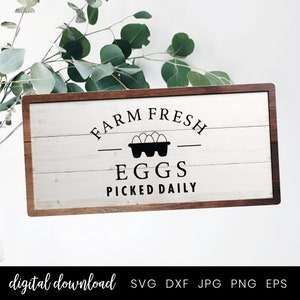 Op de afbeelding: Een wit houten bord met een bruin frame, met de tekst "Farm Fresh Eggs Picked Daily" in zwarte letters. Boven het woord "Eggs" is een zwarte silhouet van een eierdoos afgebeeld.