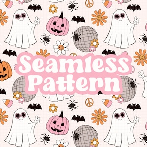 Retro Floral Ghost Seamless Pattern, Cute Groovy Pumpkin Png Pattern