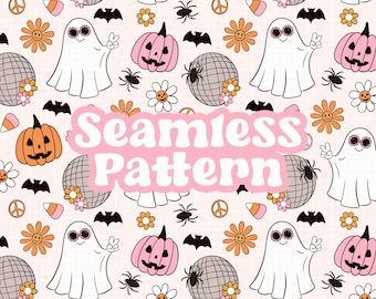 Retro Floral Ghost Seamless Pattern, Cute Groovy Pumpkin Png Pattern