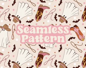 Puede incluir: Un patrón sin costuras con fondo rosa con fantasmas blancos que llevan sombreros de vaquero, murciélagos marrones, botas de vaquero rosas y naranjas y estrellas doradas. El texto "Seamless Pattern" está escrito en letras rosas y blancas.
